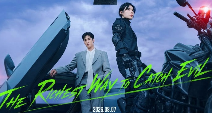 A man in a suit and a woman in a tactical outfit stand near a motorcycle. The text reads "The Richest Way to Catch Evil" and the date "2026.08.07."